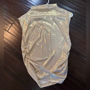 Maeve for Anthropologie Mock Neck Ruched Gold Shine Top M thumbnail 4
