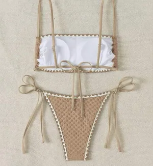 SHEIN Sawtooth Trim Textured Bikini Set, Khaki/Tan, Size L, NWOT thumbnail 2