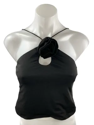 NEW White Fox Black Flower Keyhole Sleeveless Halter Camisole Crop Tank Top M thumbnail 1