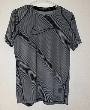 Nike Pro Black & Gray Striped Short Sleeve Training Top thumbnail 1
