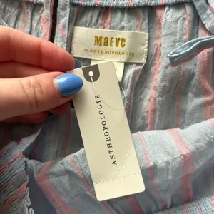 Maeve by Anthropologie Gauzy Tiered Dress Cover Up Light Blue Pink Stripe‎ XS thumbnail 5