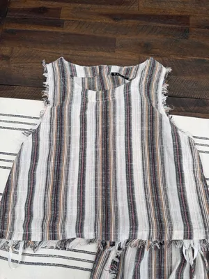Very J Striped Frayed Two-Piece Shorts Set in Ivory, Black, Tan thumbnail 3