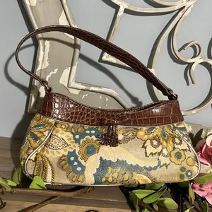 Liz Claiborne Purse Small Alligator Look Strap Floral Brown Gold Shoulder Bag thumbnail 13
