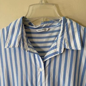 Blue White Striped Sleeveless Button Front Drawstring Midi Dress XL Coastal thumbnail 2