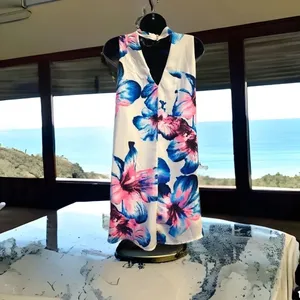 Peach Love California Floral Mock Neck‎ Cutout Sleeveless Shift Mini Dress White thumbnail 4