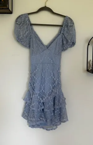 NWT Saints + Secrets Baby Blue Lace Puff Sleeve Off Shoulder Mini Dress‎ Small thumbnail 1