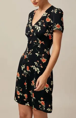 Rihoas Black V Neck Floral Button Up Mini Dress thumbnail 5