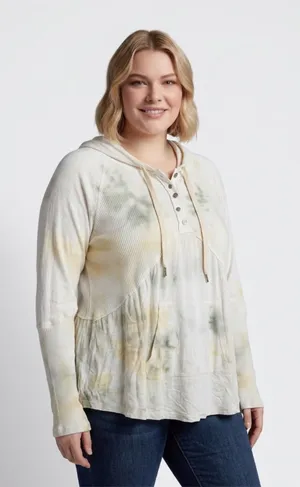 POL‎ Cream Tie Dye Ribbed Hooded Henley Tunic Top Size L Oversized Boho thumbnail 1