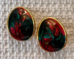 Vintage Multicolor‎ Hand Painted Earrings Green thumbnail 1