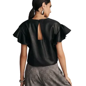 Maeve‎ Anthropologie Black Faux Leather Ruffle Sleeve V-Neck Crop Top XXS thumbnail 2