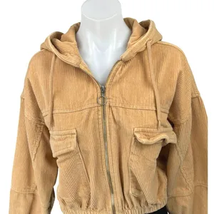 Urban Outfitters BDG Tan Corduroy Zip Up Hooded Hoodie Crop Bomber Coat Jacket M thumbnail 3