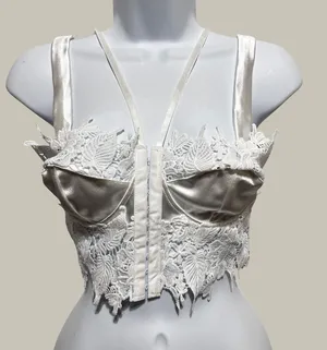 White Satin Lace‎ Corset Crop Top Bustier Hook Front Floral Applique Cottagecore thumbnail 1
