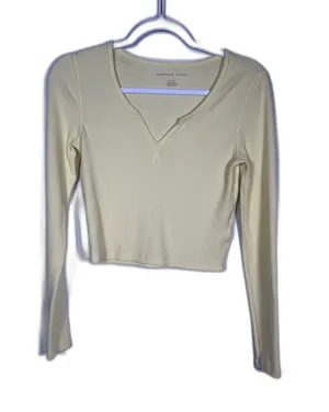 American Eagle Womens Yellow Waffle Semi Cropped Top Blouse Small thumbnail 1