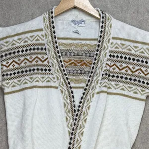 Glamour Knit Vintage Fair Isle Cardigan Sweater White Brown Geometric Belted M thumbnail 4