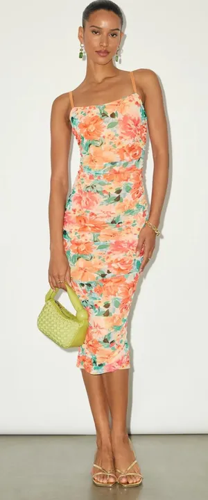 NWT * LULU’S Date Night Beauty Orange Floral Print Mesh Ruched Midi Dress Sm thumbnail 1
