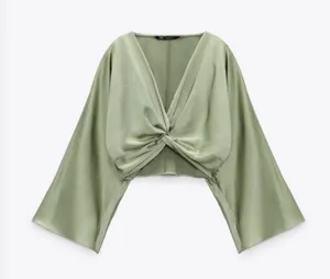 Zara Green Satin Bell Sleeve Crop Blouse with Tie Front thumbnail 1