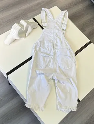 American Bazi White Distressed Denim Overalls - Size S (Fringe Hem) thumbnail 6