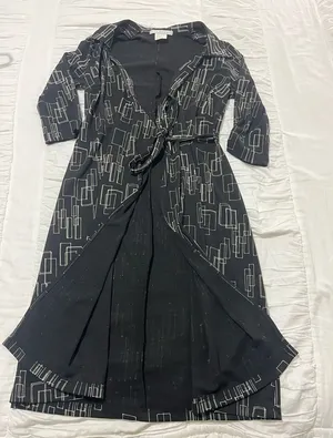 Vintage 90s La Belle Dress Medium Wrap Black Geometric Print USA thumbnail 1