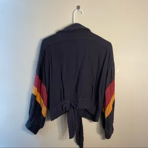 Vintage‎ Havana Sweater Jacket Dark Navy Blue Striped Sleeves Draped Tie Soft thumbnail 8
