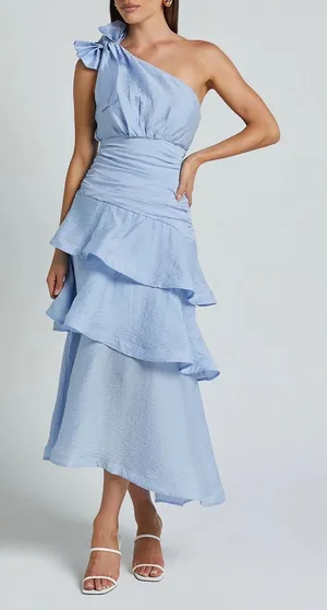 Showpo Eugenia Midi Dress One Shoulder Ruffle Tiered Pale Blue Size 4 thumbnail 1