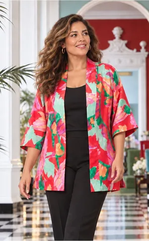 Chicos Womens Red Tropical Floral Satin Kimono Jacket Lined L/XL thumbnail 1