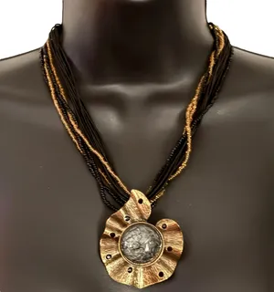 Multi chain beaded golden wavy pendant necklace Gold thumbnail 1