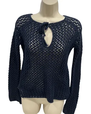 Abercrombie & Fitch Navy Blue Open Knit V Neck Bell Sleeve Sweater Size Medium thumbnail 1