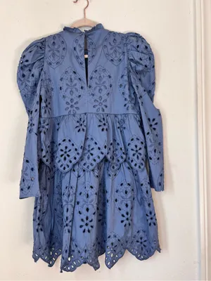 Zara Blue Floral Eyelet Mini Dress XS 100% Cotton Long Sleeve Cottagecore thumbnail 4