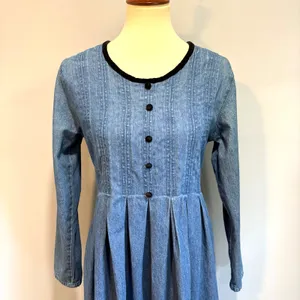 VTG Blue Denim Maxi Dress Long Sleeve Pleated Modest Farm Tradwife, Size 8 thumbnail 3