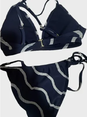 Shade & Shore Navy and White Wave-Print Tie-Side Bikini thumbnail 4