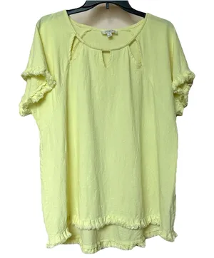 Linen Blend Umgee Top Womens 1XL Yellow Cap Sleeve Raw Frayed Hem Boho Western thumbnail 1