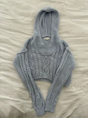 Aeropostale Light Blue Cable-Knit Hooded Cropped Sweater thumbnail 1
