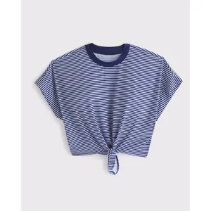YPB Featherweight Tie-Front Tee Navy Blue Striped Active Crop Top XL thumbnail 7