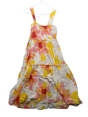 Free People size small floral tropical White Tiered Sundress Pink Yellow Print thumbnail 3