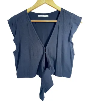 Abercrombie & Fitch Black Knit Tie Front V Neck Crop Top Black Womens Size Small thumbnail 1