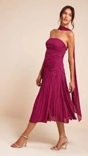 LULU'S Nellie Berry Pink Pleat Midi Dress NO SCARF Small S Strapless Drop Waist thumbnail 1