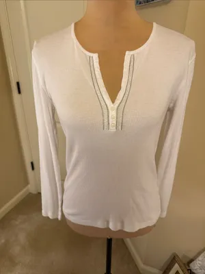 Jones New York Vintage White Long-Sleeve Ribbed Henley Top thumbnail 1