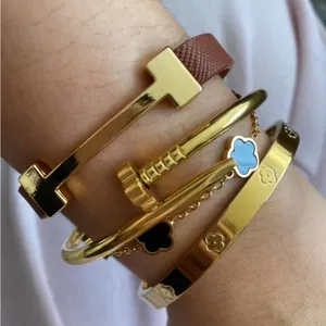 18K Gold Plated Nail Clover Bangle Bracelet Stainless Steel womens Jewelry NWT thumbnail 5