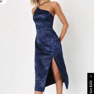 New - Lulus Desirable‎ Dream Navy Blue Satin Jacquard Halter Neck MIDI Dress thumbnail 2