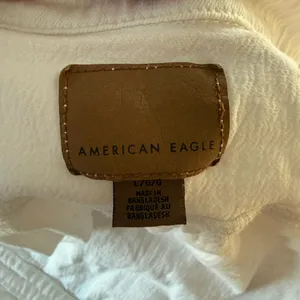 American Eagle White Denim Romper Short Sleeve Button Front Raw Hem Size L thumbnail 5