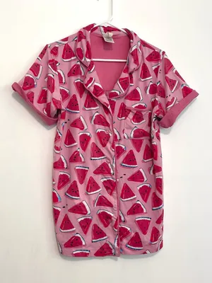 MUNKI MUNKI Pink White Blue Watermelon Fruit Print Short Sleeve Pajama SHIRT PJs thumbnail 2