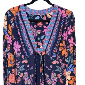 Free People Floral V-Neck Ruffle Mini Dress Tunic Navy Blue Pink Orange OB583849 thumbnail 3