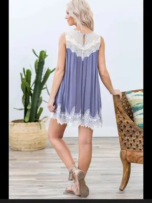 Umgee Boho Sleeveless Dress/Tunic, Lace Detail, Blue/Gray thumbnail 6