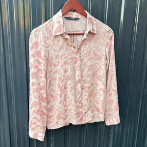 Zara Pink Sheer Paisley Embroidered Collared Button Up Blouse Boho Coast S Small thumbnail 3