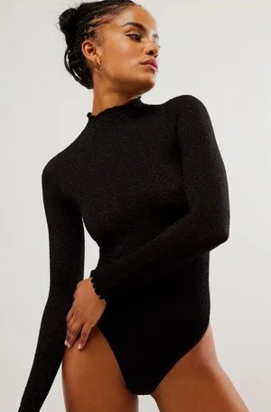 Free People Intimately Mara Mock Neck Bodysuit Womens XS/S Black Textured Boho thumbnail 1