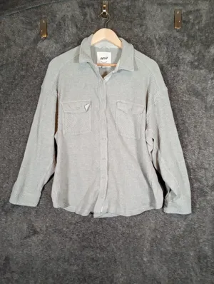 Aerie Lumberjane Oversized Gray Waffle Knit Button Up Cotton Cozy thumbnail 3