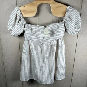 Abercrombie & Fitch Emerson Baby Doll Mini Dress Large Petite Puff Sleeve Stripe thumbnail 1
