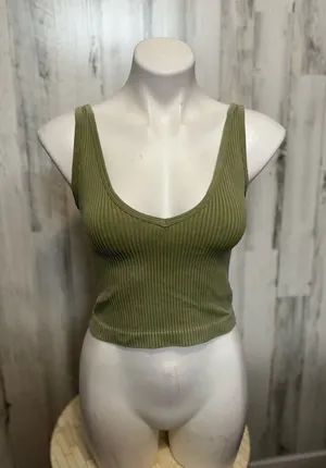 Seamless Ribbed V-Neck Crop Tank Top Womens M Sage Olive Green Bralette thumbnail 1