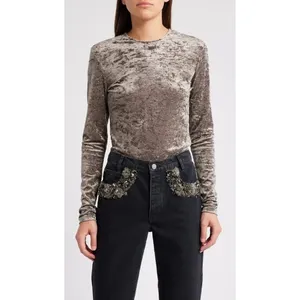 FRAME Crushed Velvet Long Sleeve Top Dusk Taupe Size‎ Medium thumbnail 5