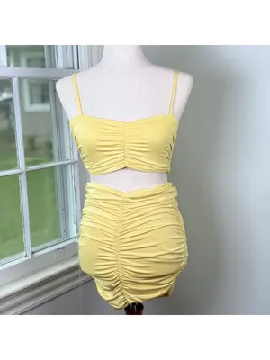 Butter Yellow Ruched Two Piece Set Small Crop Top Mini Skirt Going Out Party thumbnail 5